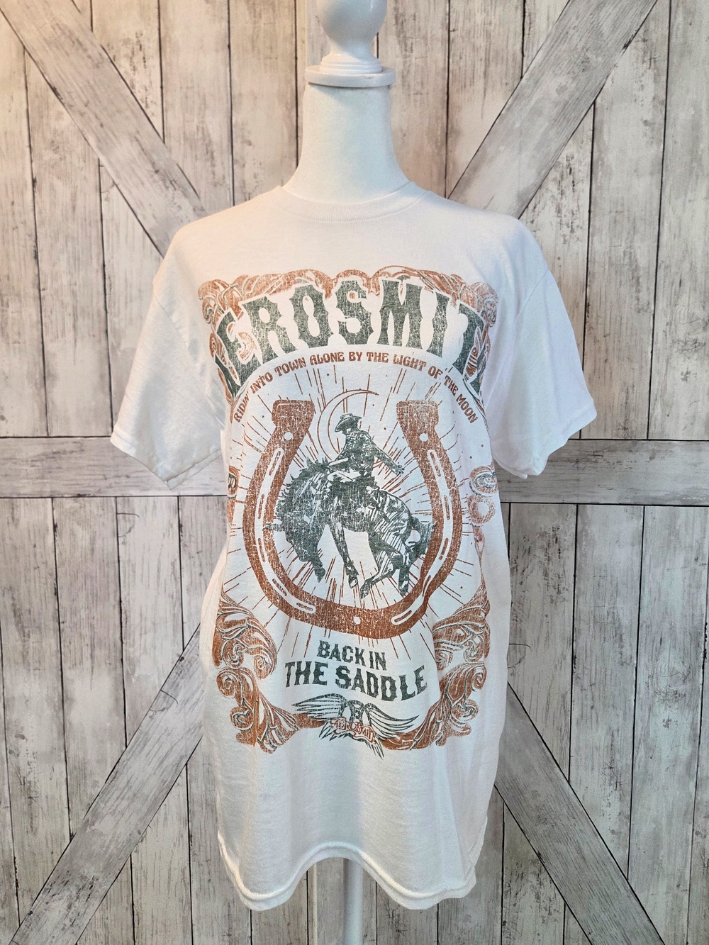'Back in the Saddle' Aerosmith White Graphic Tee Band Tee Rock Band
